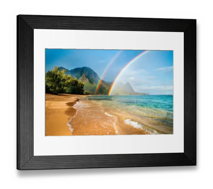 Framed Print : A double rainbow over the coastline of a Hawaiian island with mountains Framed Print : A double rainbow over the coastline of a Hawaiian island with mountains
