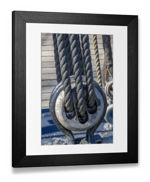 Framed Print : Tarred Nautical rope and pulley, San Francisco, California, USA Framed Print : Tarred Nautical rope and pulley, San Francisco, California, USA