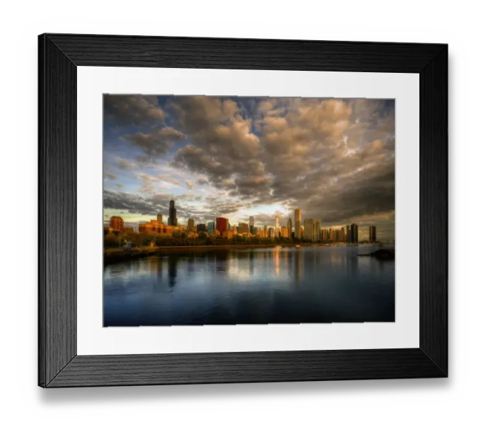Framed Print : Chicago skyline shimmers at sunrise over lake Michigan