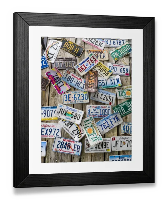 Framed Print : USA, Maine. License plates on Old Wall in Bar Harbor Framed Print : USA, Maine. License plates on Old Wall in Bar Harbor