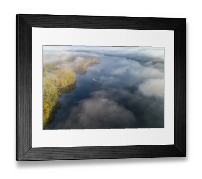Framed Print : Boat on lake in fog in fall at Stephen A. Forbes State Park, Marion County, Illinois Framed Print : Boat on lake in fog in fall at Stephen A. Forbes State Park, Marion County, Illinois