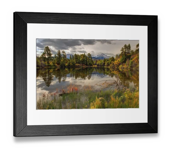 Framed Print : A tranquil pond reflects Mt. Snaffles and Fall in the Colorado Rocky Mountains Framed Print : A tranquil pond reflects Mt. Snaffles and Fall in the Colorado Rocky Mountains