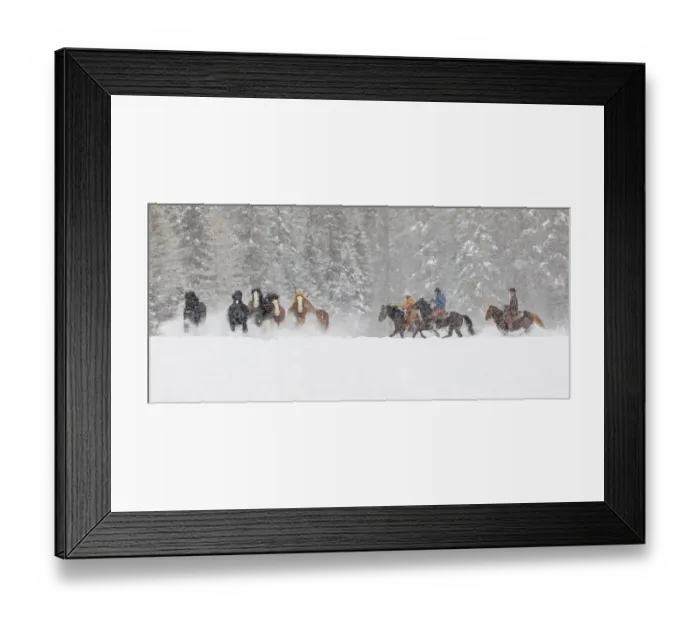 Framed Print : Panoramic view of cowboys during winter roundup, Kalispell, Montana