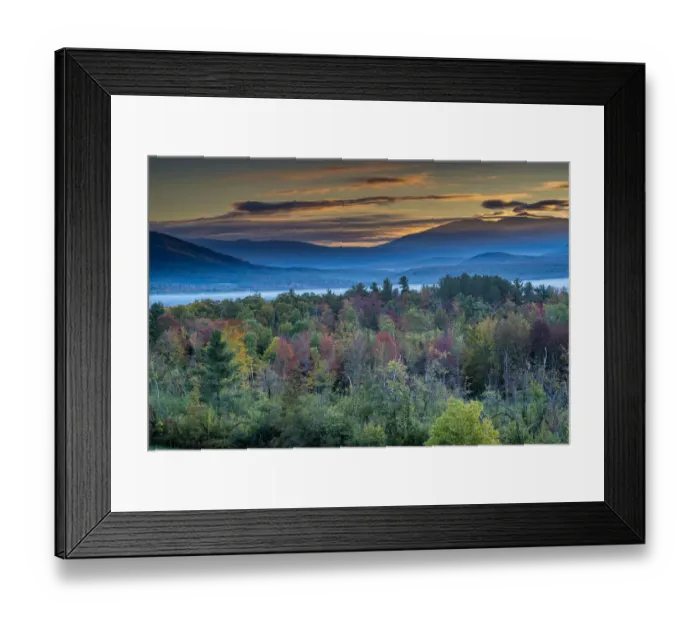 Framed Print : Painterly fall landscape with fog and fall foliage, Sugar Hill, White Mountains