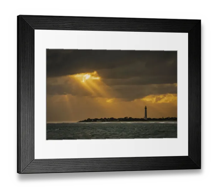 Framed Print : USA, New Jersey, Cape May National Seashore. Sunset on ocean shore and lighthouse Framed Print : USA, New Jersey, Cape May National Seashore. Sunset on ocean shore and lighthouse