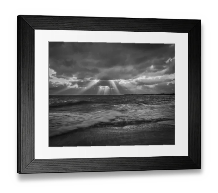 Framed Print : USA, New Jersey, Cape May National Seashore. B&W of sunset on ocean shore