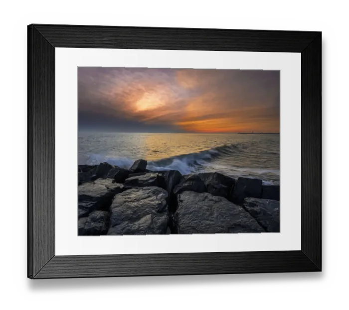 Framed Print : USA, New Jersey, Cape May National Seashore. Sunset on ocean and rocks Framed Print : USA, New Jersey, Cape May National Seashore. Sunset on ocean and rocks