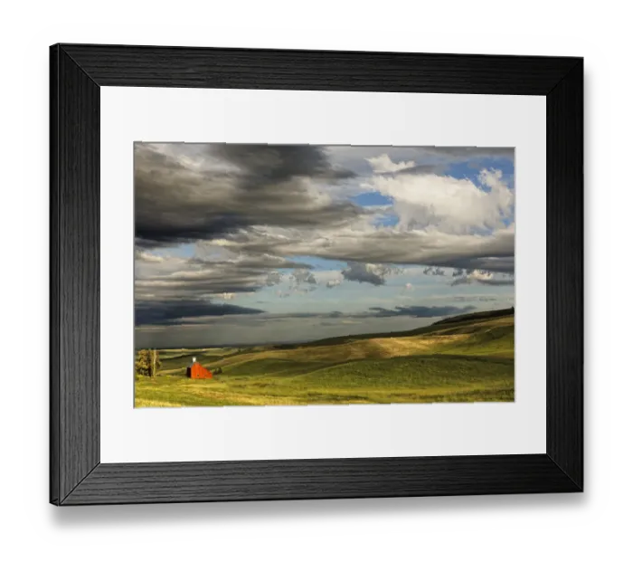 Framed Print : Red barn in valley of rolling farm fields, Palouse agricultural region of western Idaho