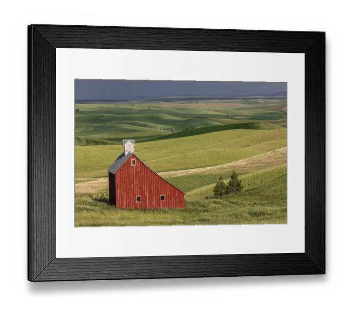 Framed Print : Red barn in valley of rolling farm fields, Palouse agricultural region of western Idaho