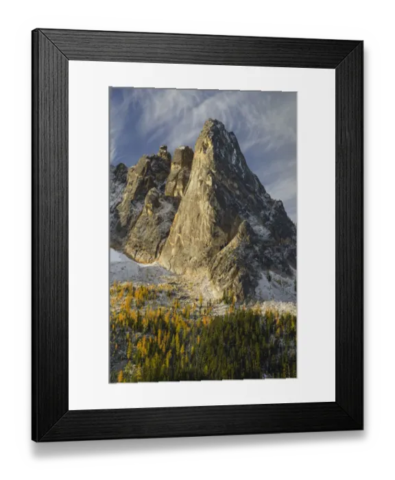 Framed Print : Liberty Bell Mountain Early Winters Spires, and golden autumn Larches Framed Print : Liberty Bell Mountain Early Winters Spires, and golden autumn Larches