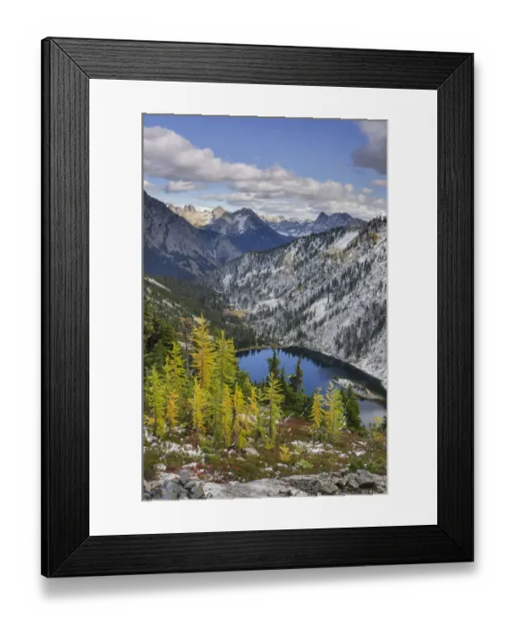 Framed Print : Lake Ann and golden larches after autumn snowfall. North Cascades, Washington State Framed Print : Lake Ann and golden larches after autumn snowfall. North Cascades, Washington State