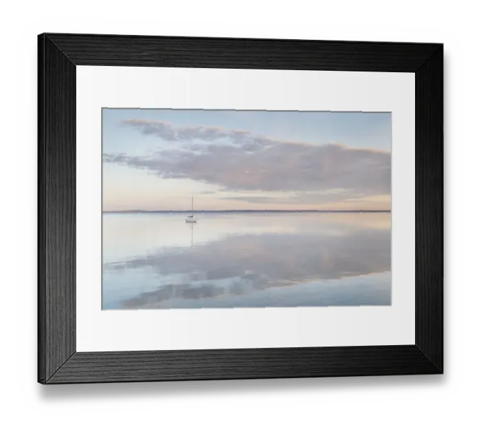 Framed Print : Sailboat and morning clouds reflected in calm waters of Bellingham Bay, Washington State