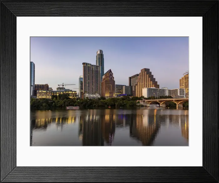 Framed Print : City skyline reflects in the Colorado River in Austin, Texas, USA