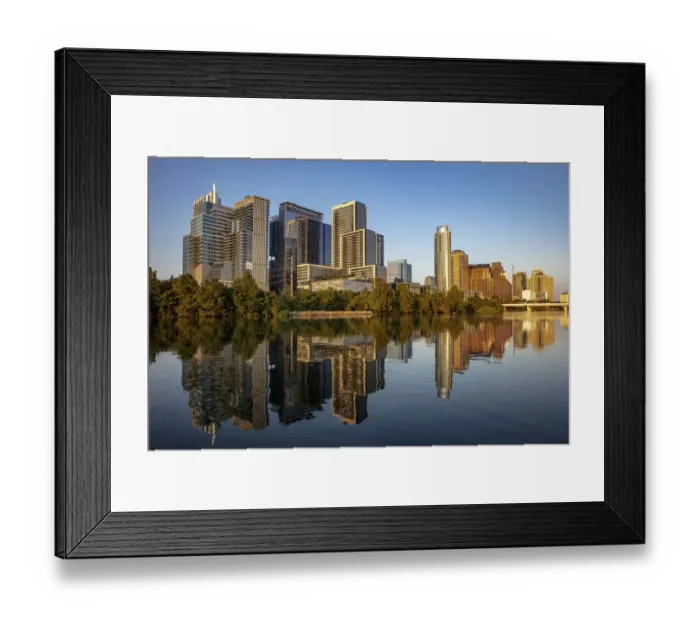 Framed Print : City skyline reflects in the Colorado River in Austin, Texas, USA Framed Print : City skyline reflects in the Colorado River in Austin, Texas, USA