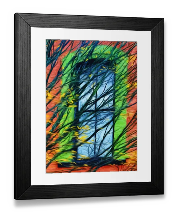 Framed Print : USA, Oregon, Silverton. Abstract of autumn leaves and building window