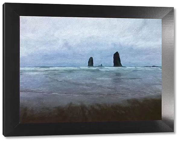 USA, Oregon, Cannon Beach. Abstract of The Needles sea stacks and ocean