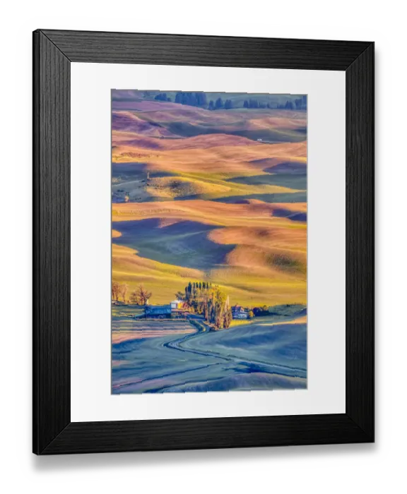 Framed Print : USA, Washington State, Palouse. Steptoe Village and farmland at sunset