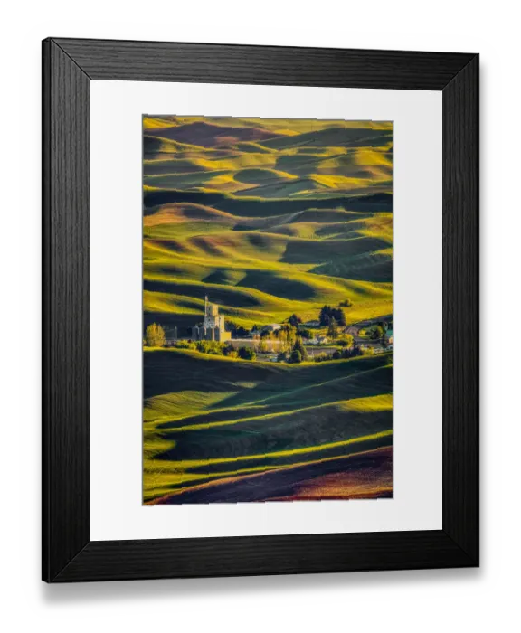 Framed Print : USA, Washington State, Palouse. Steptoe Village and farmland at sunset