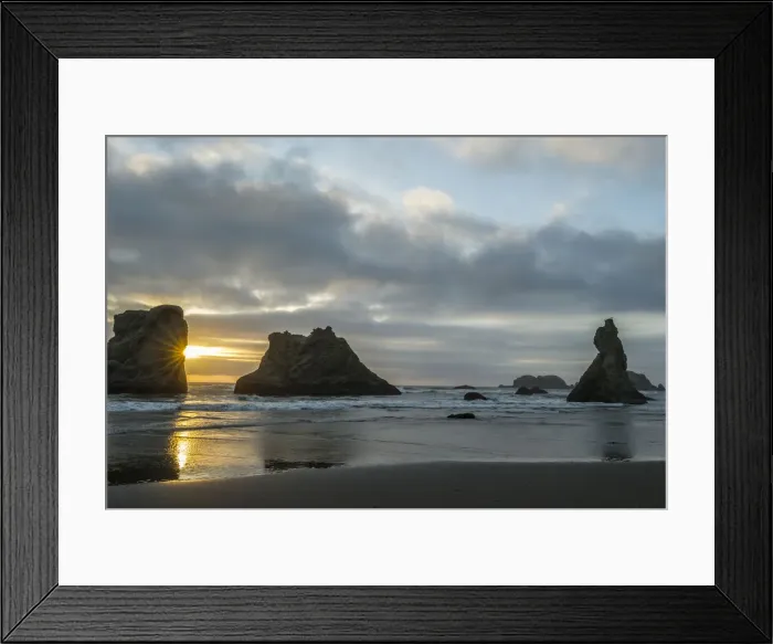 Framed Print : USA, Oregon, Bandon Beach. Wizards Hat and other formations at sunset