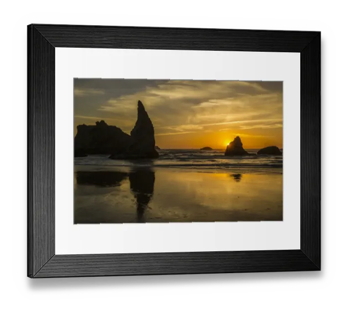 Framed Print : USA, Oregon, Bandon Beach, Wizards Hat, sunset, sun star Framed Print : USA, Oregon, Bandon Beach, Wizards Hat, sunset, sun star