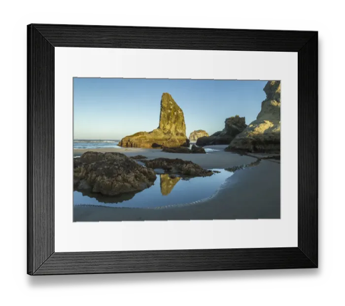 Framed Print : USA, Oregon, Bandon Beach. Rock formations and reflection in beach water Framed Print : USA, Oregon, Bandon Beach. Rock formations and reflection in beach water