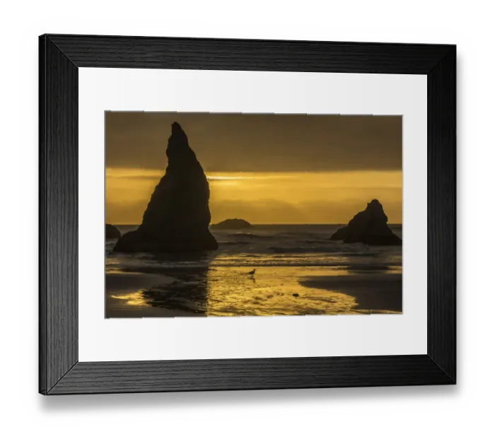 Framed Print : USA, Oregon, Bandon Beach. Wizards Hat formation at sunset