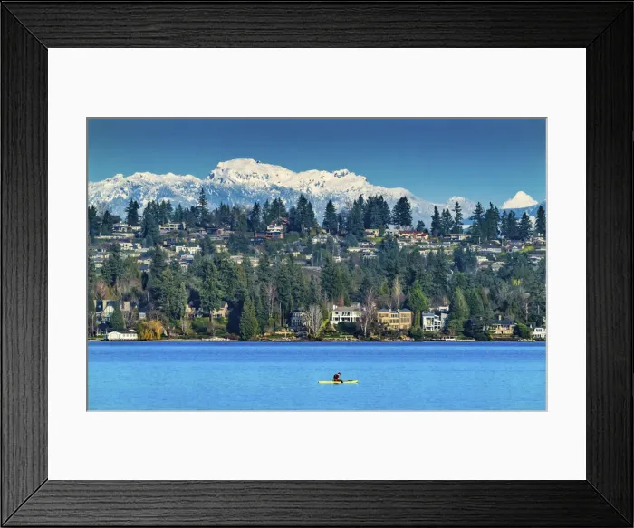 Framed Print : Yellow canoe and houses, Lake Washington and snowcapped Cascade Mountains, Bellevue