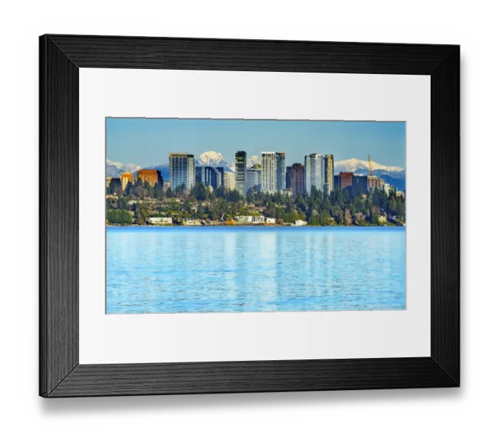 Framed Print : High-rise buildings, Lake Washington and snowcapped Cascade Mountains, Bellevue Framed Print : High-rise buildings, Lake Washington and snowcapped Cascade Mountains, Bellevue