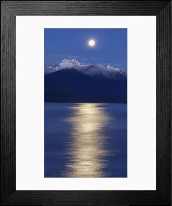 Framed Print : USA, Washington State, Seabeck. Moon over Olympic Mountains and Hood Canal at sunrise Framed Print : USA, Washington State, Seabeck. Moon over Olympic Mountains and Hood Canal at sunrise
