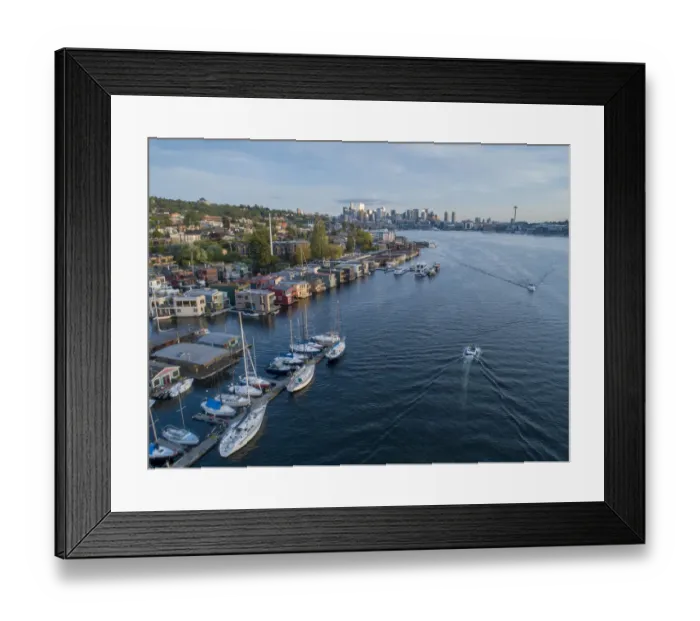 Framed Print : Aerial view of sailboats and houseboats on Lake Union with downtown Seattle in