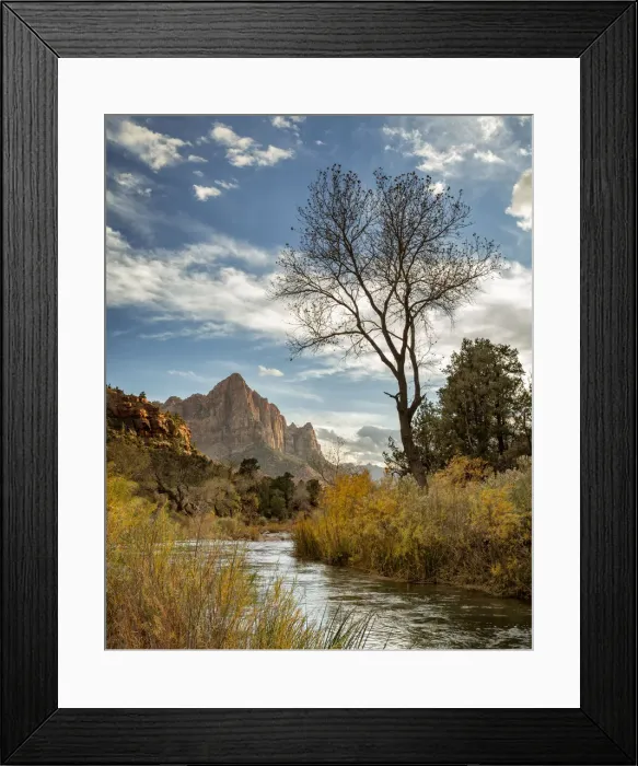 Framed Print : USA, Utah, Zion National Park, Virgin River and The Watchman near sunset