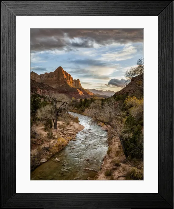 Framed Print : USA, Utah, Zion National Park, Sunset lights up The Watchman and the Virgin River Framed Print : USA, Utah, Zion National Park, Sunset lights up The Watchman and the Virgin River