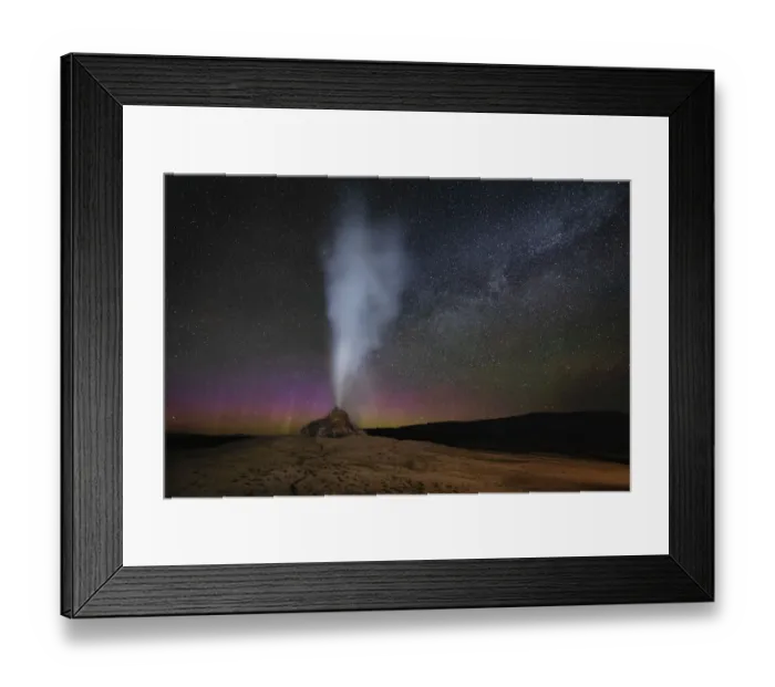 Framed Print : USA, Wyoming, Yellowstone National Park. Aurora and Milky Way above erupting White Dome Framed Print : USA, Wyoming, Yellowstone National Park. Aurora and Milky Way above erupting White Dome
