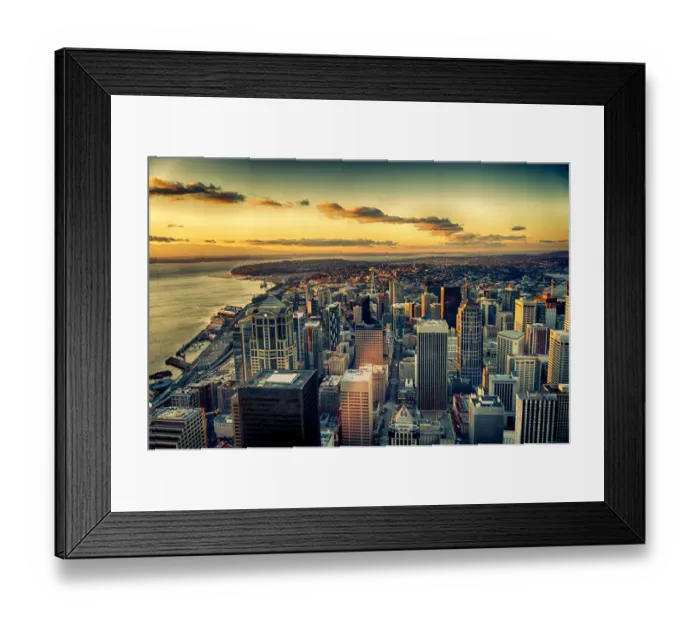 Framed Print : USA, Washington State, Seattle. Dusk on the Seattle skyline and Elliot Bay