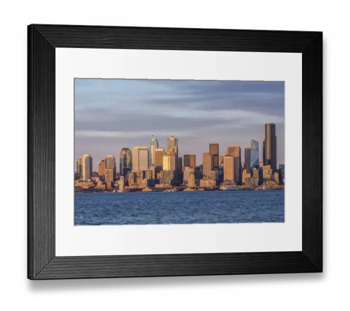 Framed Print : Washington State, Seattle. Waterfront and Skyline at Sunset