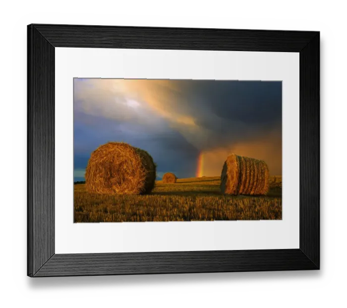 Framed Print : Canada, Manitoba, Cypress River. Bales and rainbow after storm at sunset Framed Print : Canada, Manitoba, Cypress River. Bales and rainbow after storm at sunset