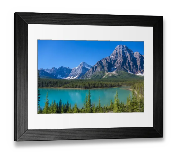 Framed Print : Canada, Alberta. Glacial Silt colors Waterfowl Lake blue with Howse Peak in view
