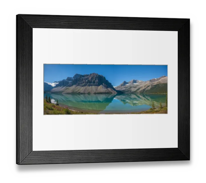 Framed Print : Canada, Alberta. Panoramic view of the still blue waters of Bow Lake on the Icefields Framed Print : Canada, Alberta. Panoramic view of the still blue waters of Bow Lake on the Icefields