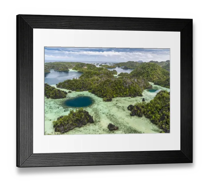 Framed Print : Indonesia, West Papua, Raja Ampat. Overview of islands and reefs