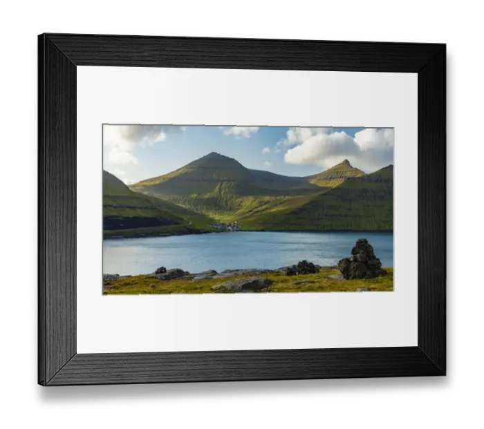 Framed Print : Europe, Faroe Islands. View of the fjord at Funningsfjordur
