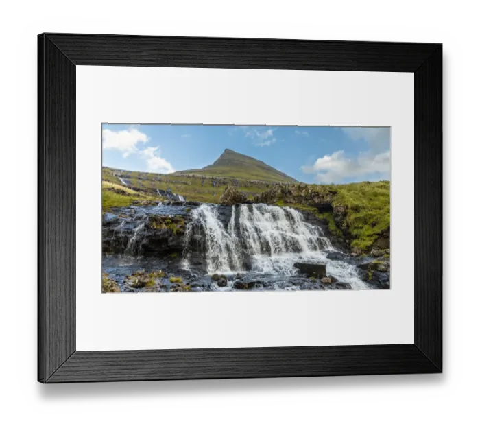 Framed Print : Europe, Faroe Islands. View of waterfall cascading down a hillside in the Faroe Islands Framed Print : Europe, Faroe Islands. View of waterfall cascading down a hillside in the Faroe Islands
