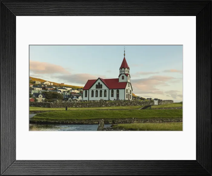 Framed Print : Europe, Faroe Islands. View of the Sandavags kirkja, a church in the village of Framed Print : Europe, Faroe Islands. View of the Sandavags kirkja, a church in the village of