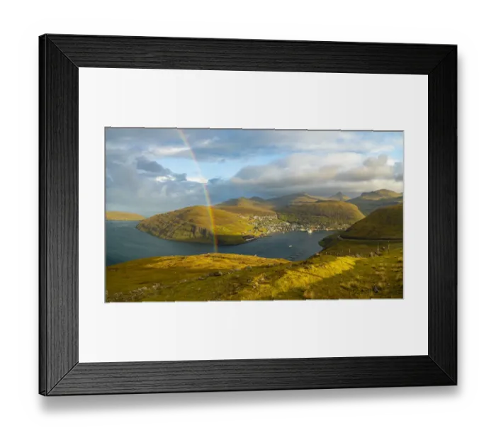 Framed Print : Europe, Faroe Islands. View of the village of Vestmanna with rainbow on the island of Framed Print : Europe, Faroe Islands. View of the village of Vestmanna with rainbow on the island of