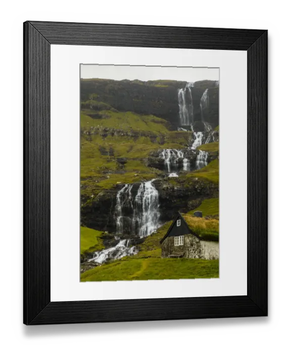 Framed Print : Europe, Faroe Islands. View of the village of Saksun and waterfalls on the island of Framed Print : Europe, Faroe Islands. View of the village of Saksun and waterfalls on the island of