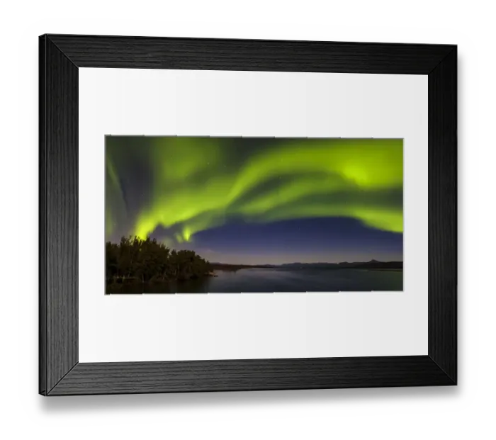 Framed Print : Canada, Yukon. Northern lights reflected in Marsh Lake at Tagish