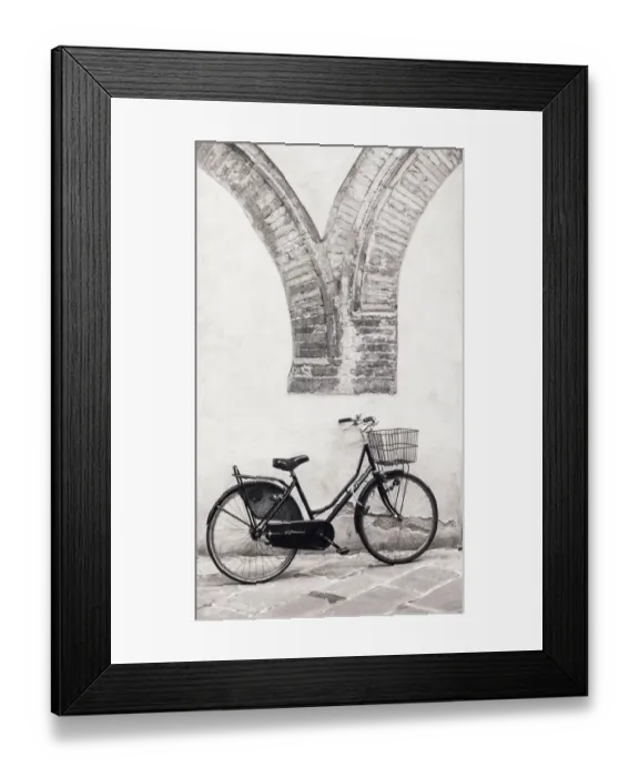 Framed Print : Italy, Lucca. Infrared image of bicycle parked along the street