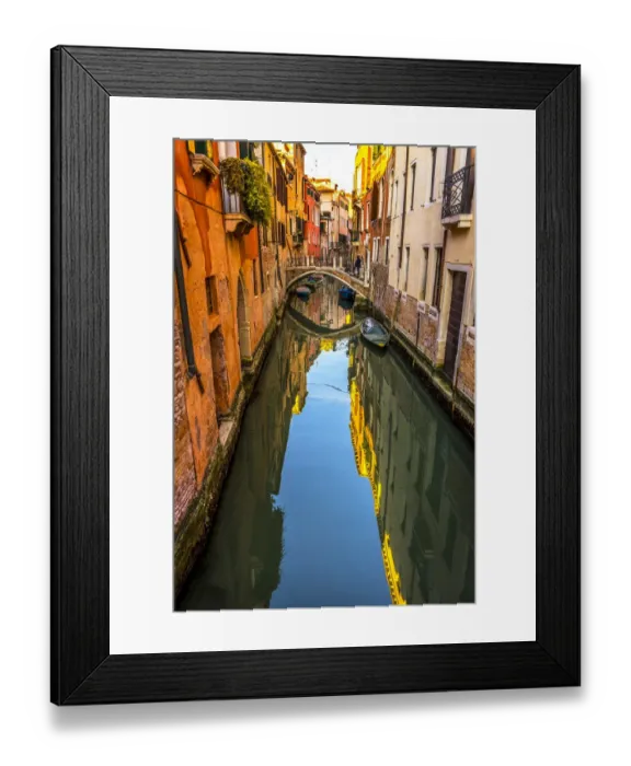 Framed Print : Colorful small canal and bridge creates beautiful reflection in Venice, Italy