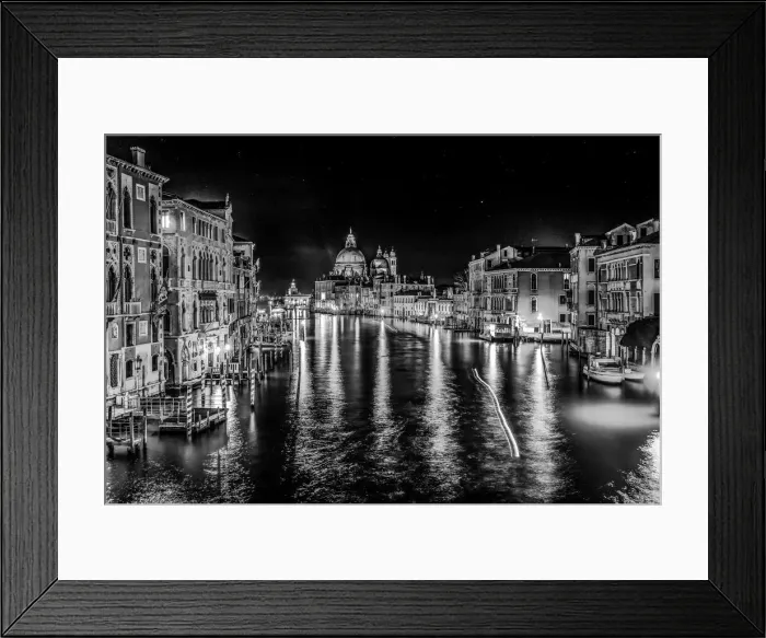 Framed Print : Black and white Grand Canal and Santa Maria della Salute church at night with reflection