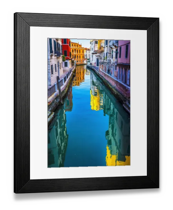Framed Print : Colorful small canal creating beautiful reflection in Venice, Italy Framed Print : Colorful small canal creating beautiful reflection in Venice, Italy