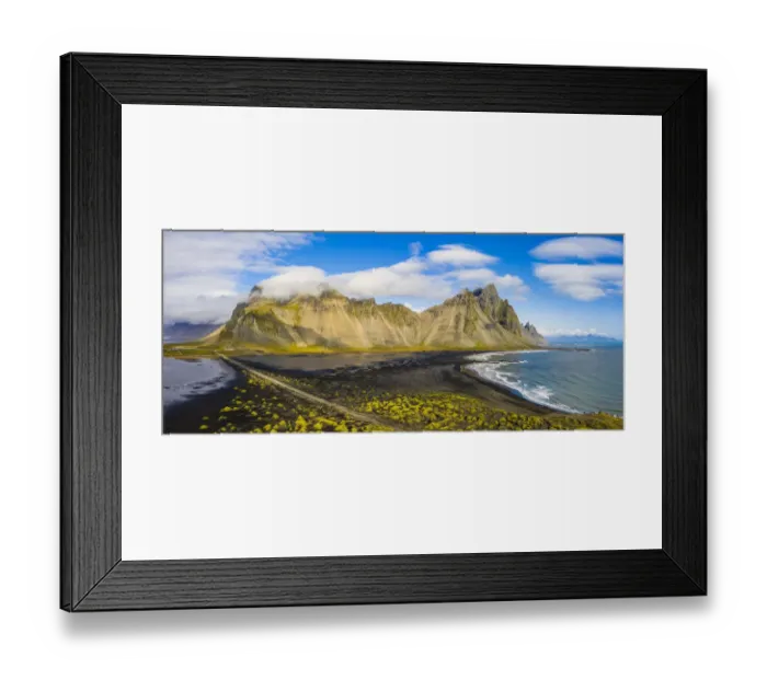 Framed Print : Europe, Iceland. Panoramic aerial view of the black sand beach Framed Print : Europe, Iceland. Panoramic aerial view of the black sand beach